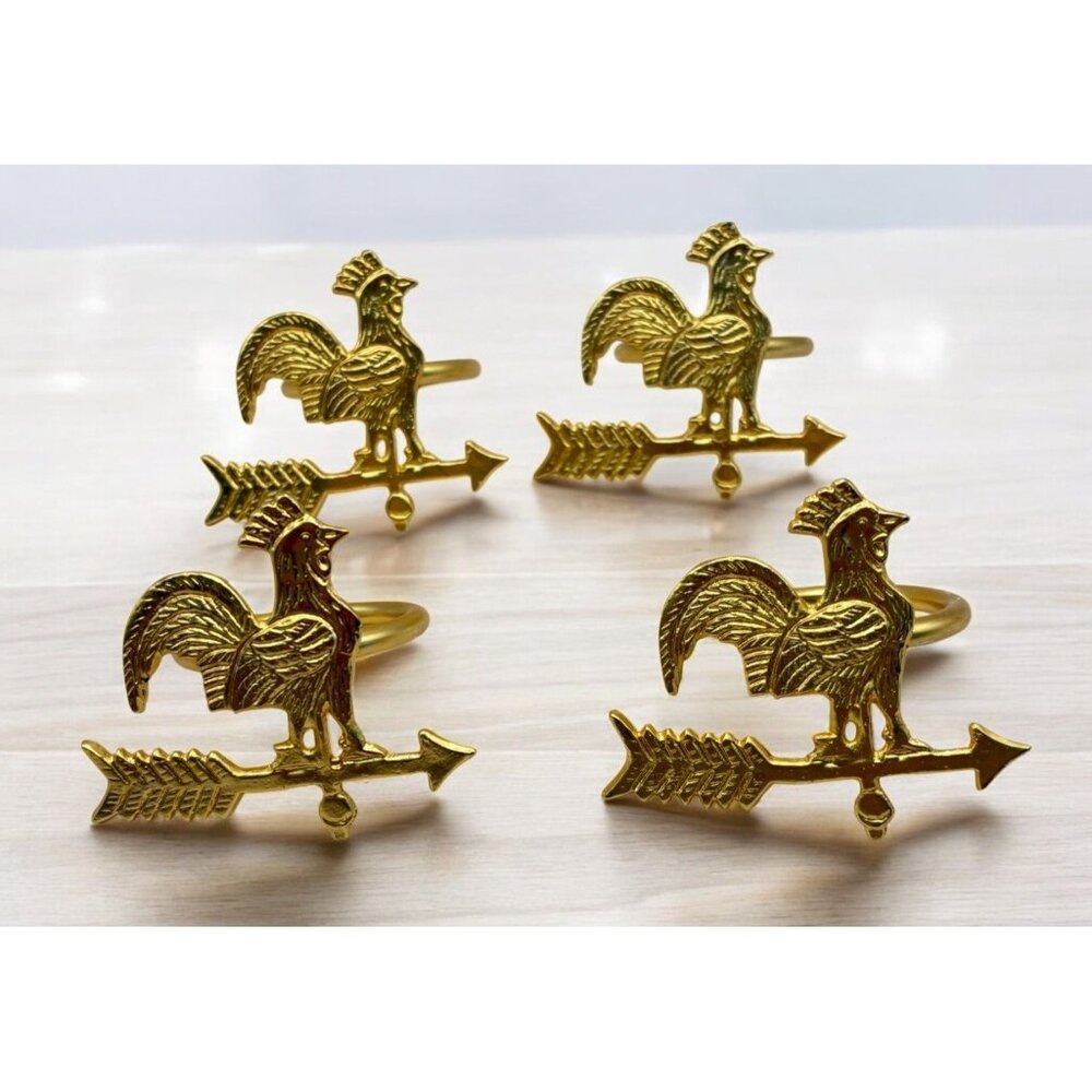 Rooster Napkin Rings Set of 4 Gold Tone Weathervane Rustic Farmhouse Barn Chic